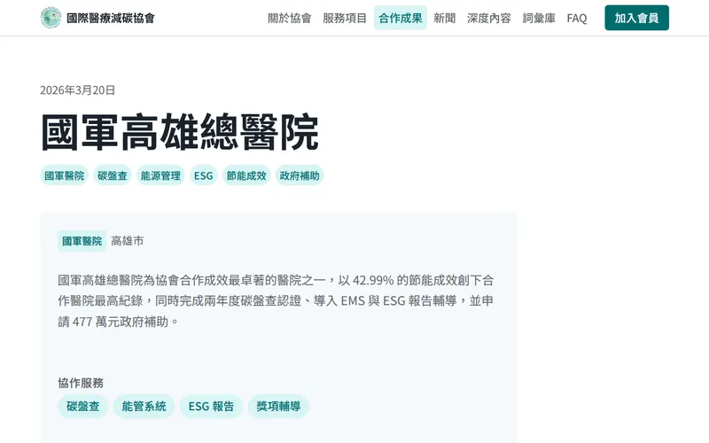 國際醫療減碳協會單一案例頁的具體成果段落，寫出醫院名稱與金額。